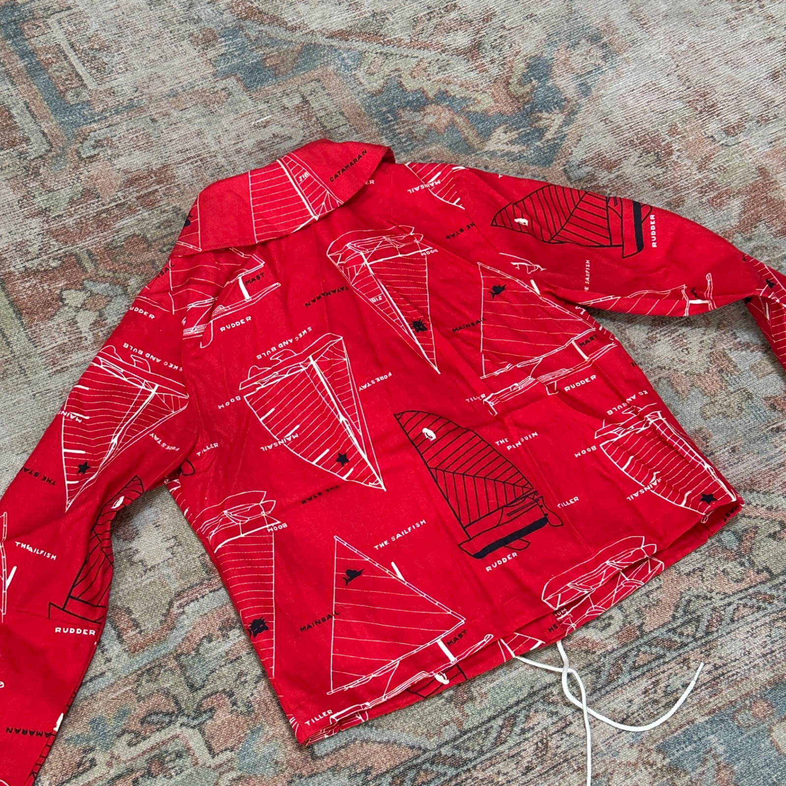 Vintage 1960’s Red Nautical Sailor Jacket Boat Print Size 12- Jeanie by Bluebell