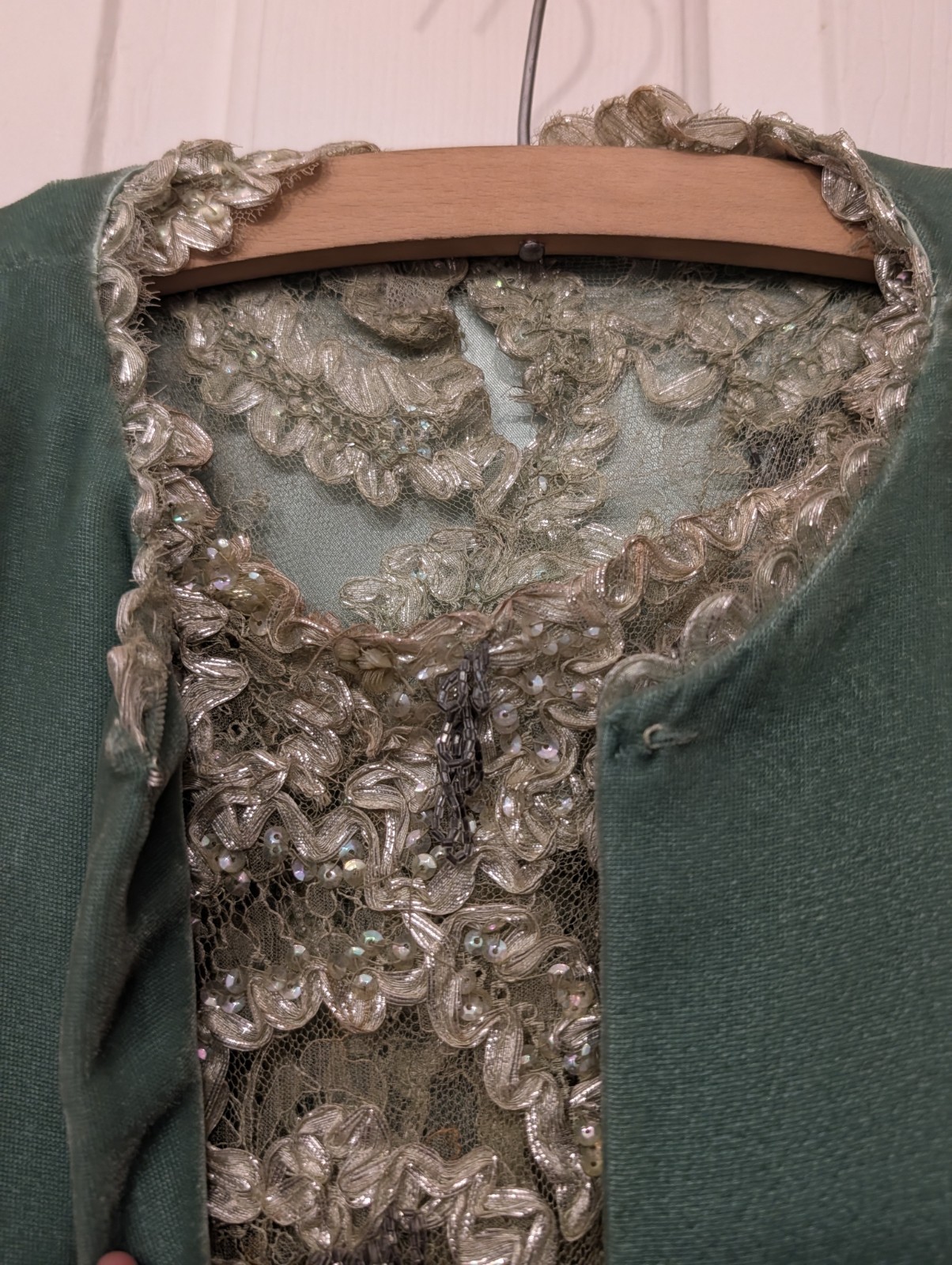 Vintage Handmade Green Beaded Evening Gown Size 0 w/ Coat Fur Accessories AS IS