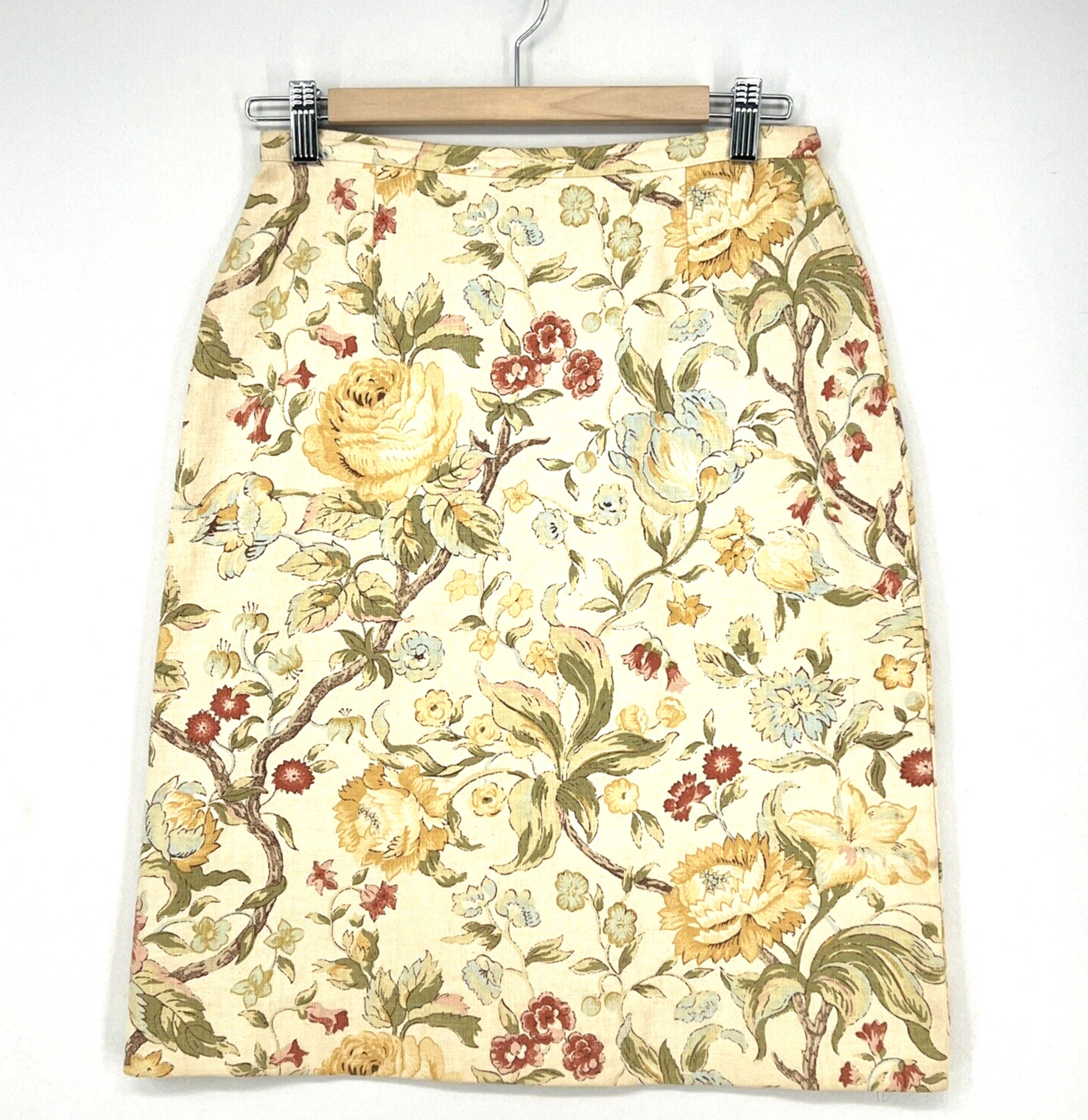Vtg 90s Laura Ashley Textile Pencil Midi Skirt Yellow Floral Linen Cotton Size 6