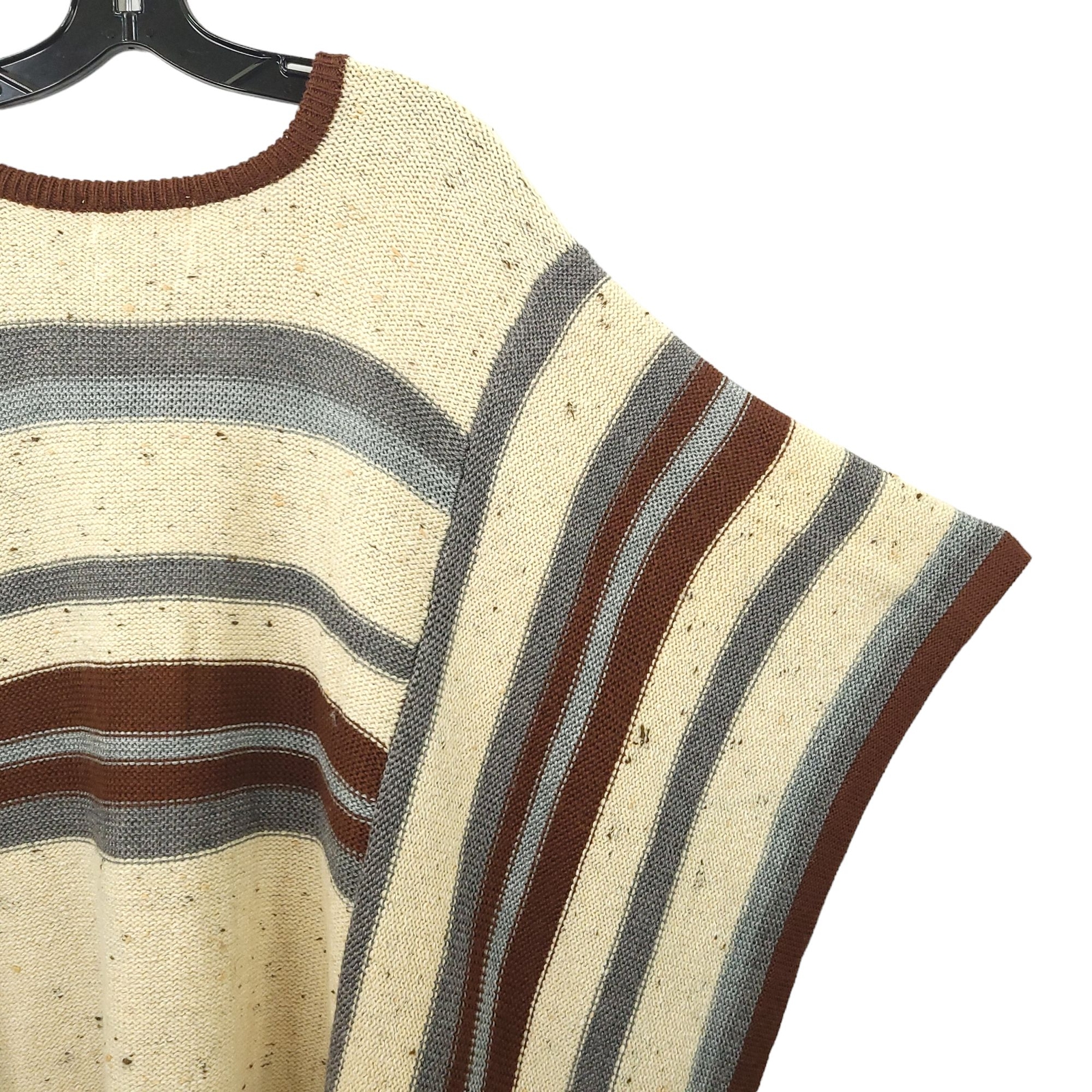 Beldoch Popper Wool Blend Poncho S Shawl Cape Striped Beige Blue Gray Vintage