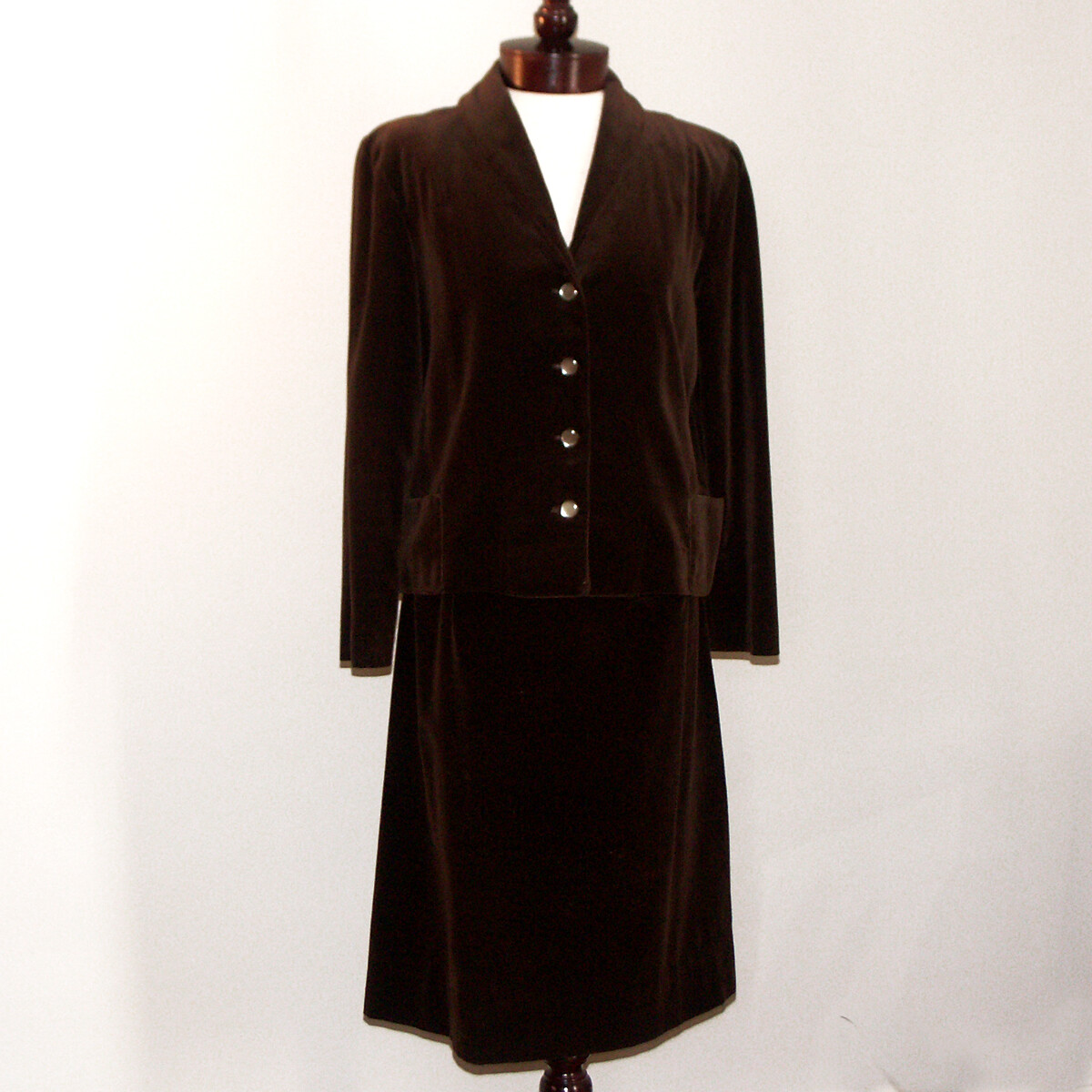 Vintage 1960&rsquo;s Hardy Amies Brown Velveteen Lined Collared Jacket, Skirt Suit Set