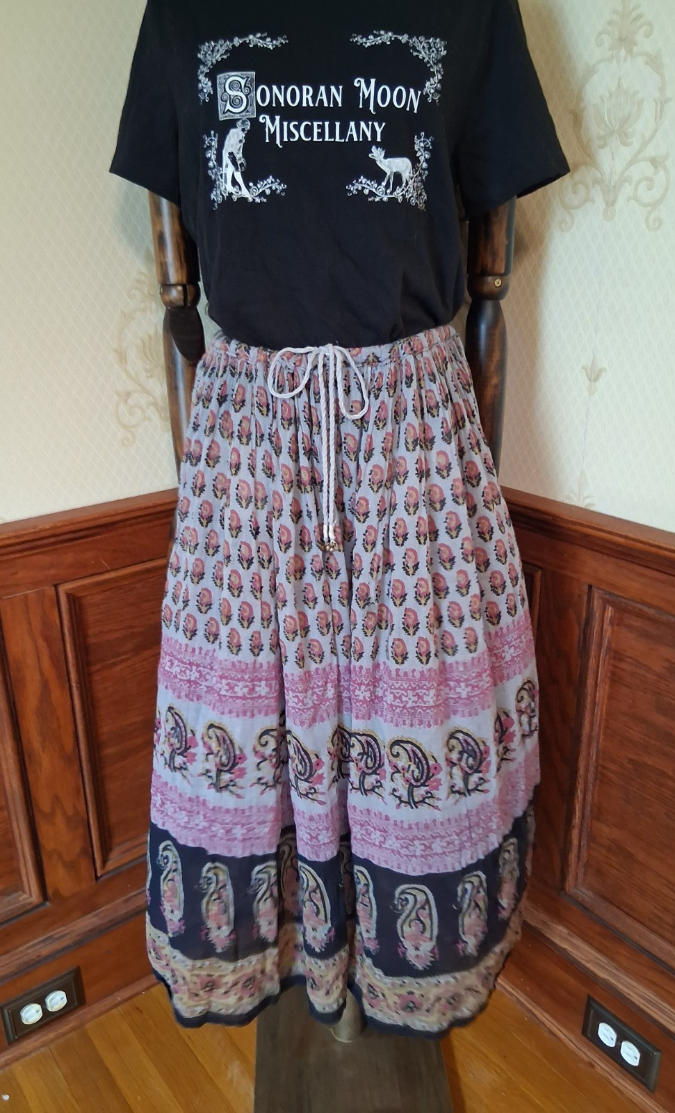Vintage 1970s Purple Gauze Cotton Indian Block Print Boho Hippie Skirt w/ Bells