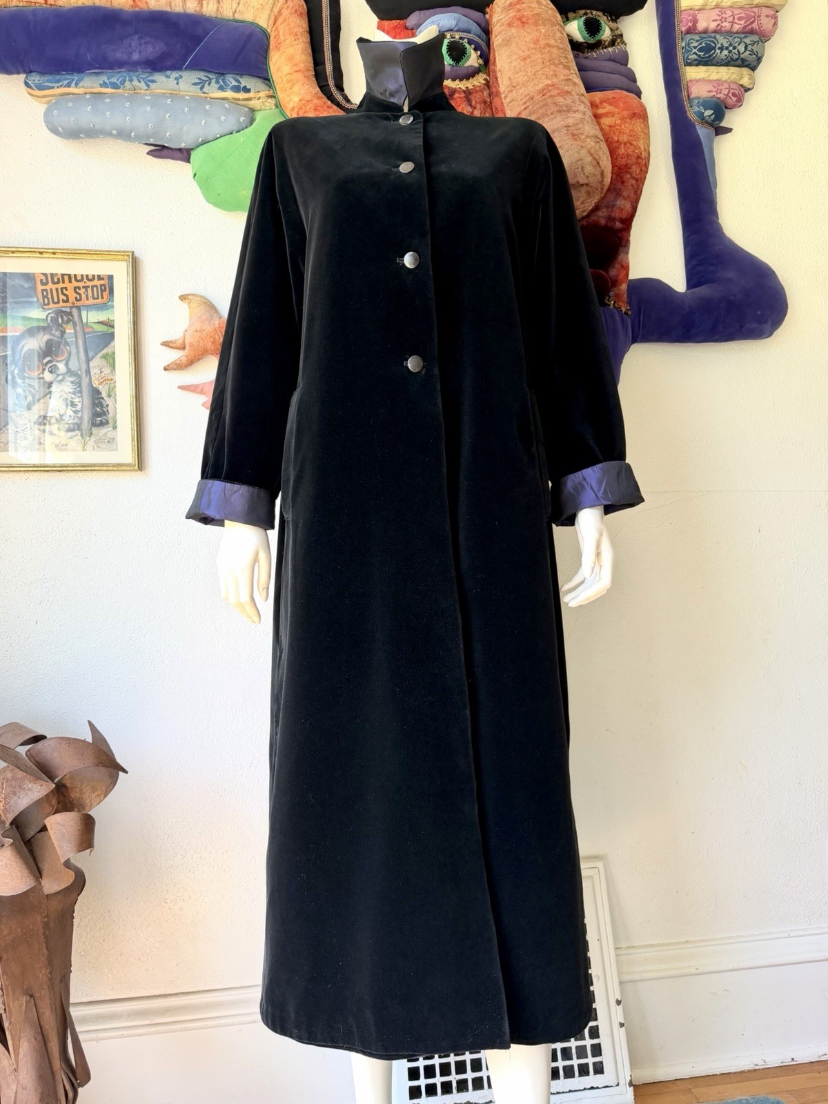 Vintage BLACK VELVET REVERSIBLE Drizzle Coat Purple Saks Fifth Ave Long Opera 10