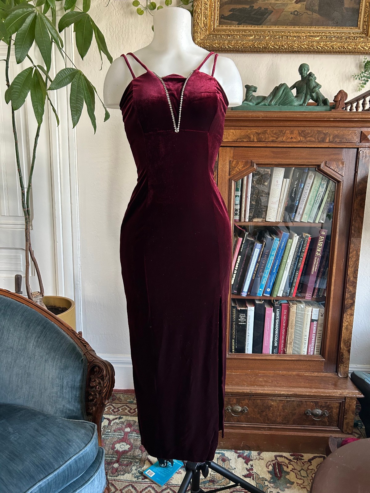 Vintage 1990s Y2k Burgundy Velvet Maxi Dress Rhinestone Formal Party Evening S