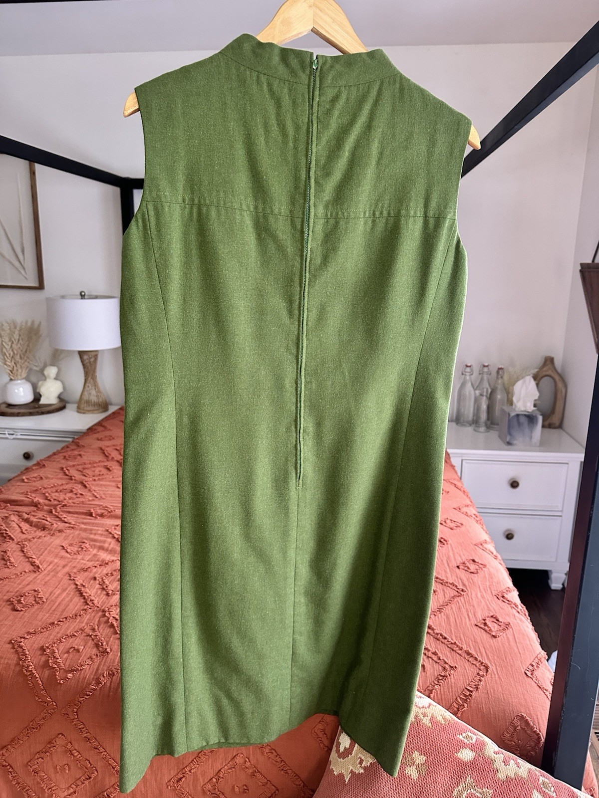 Vintage Handmade Olive Green Lined Round Neck Midi Dress