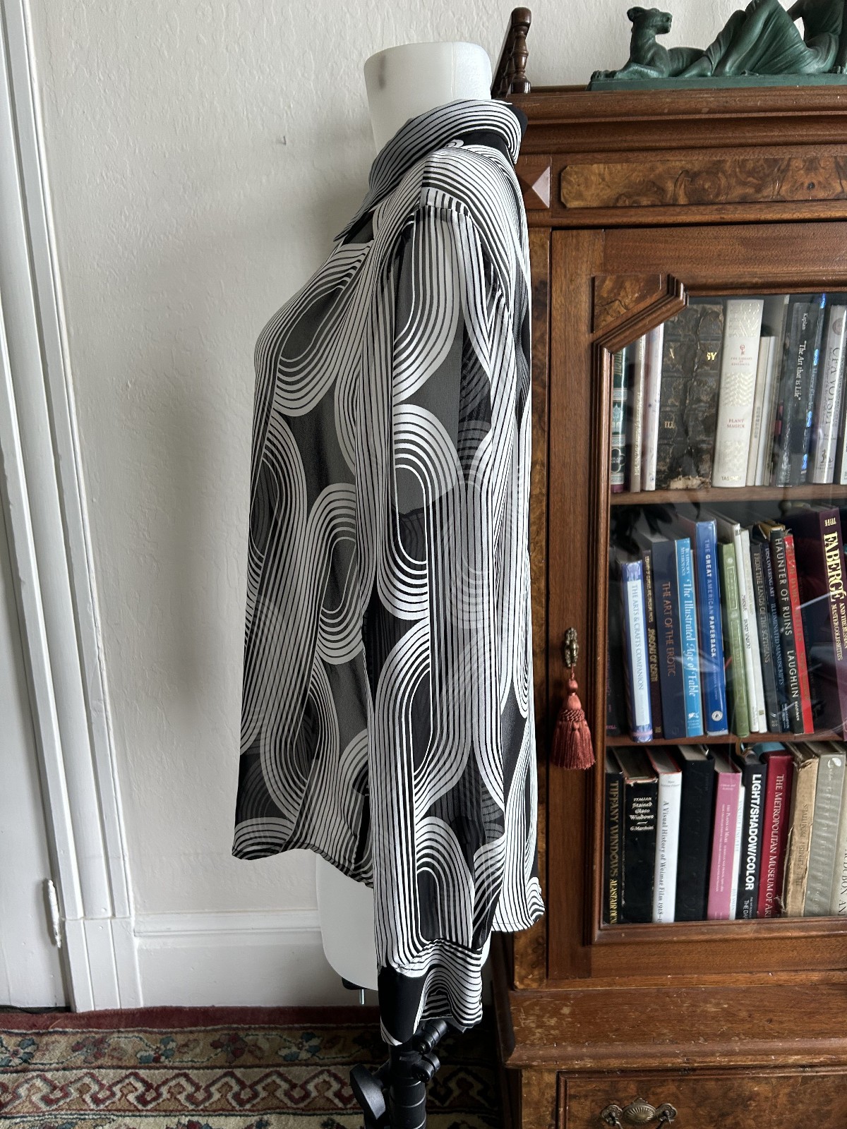Vintage 1990s Y2k Sheer Black & White Op Art Button Up Blouse Deco Raver Med Lg