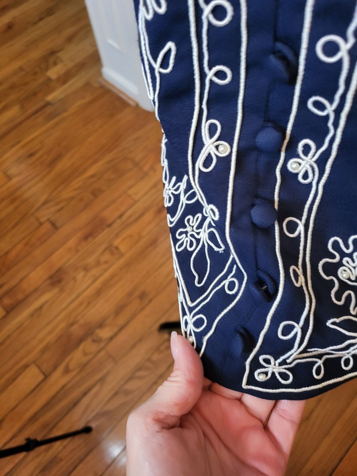Karin Stevens Vintage 90s Does 40&rsquo;s Navy Blouse Embroidered Beaded 14 Nautical