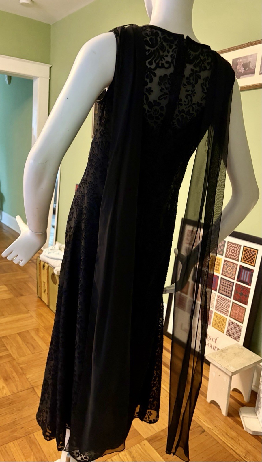 Vtg 90s McClintock Blk Sheath Netting Whimsygoth Chiffon Cape Dress 38 M Hepburn
