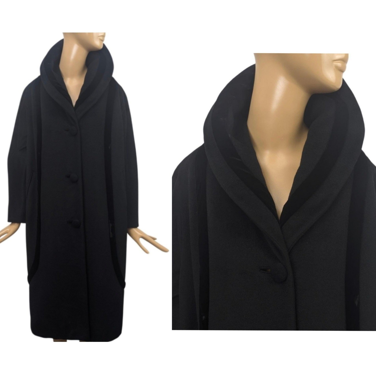 Vintage 50&rsquo;s Black Cashmere Lilli Ann Cocoon Coat Oversized Collar Velvet detail