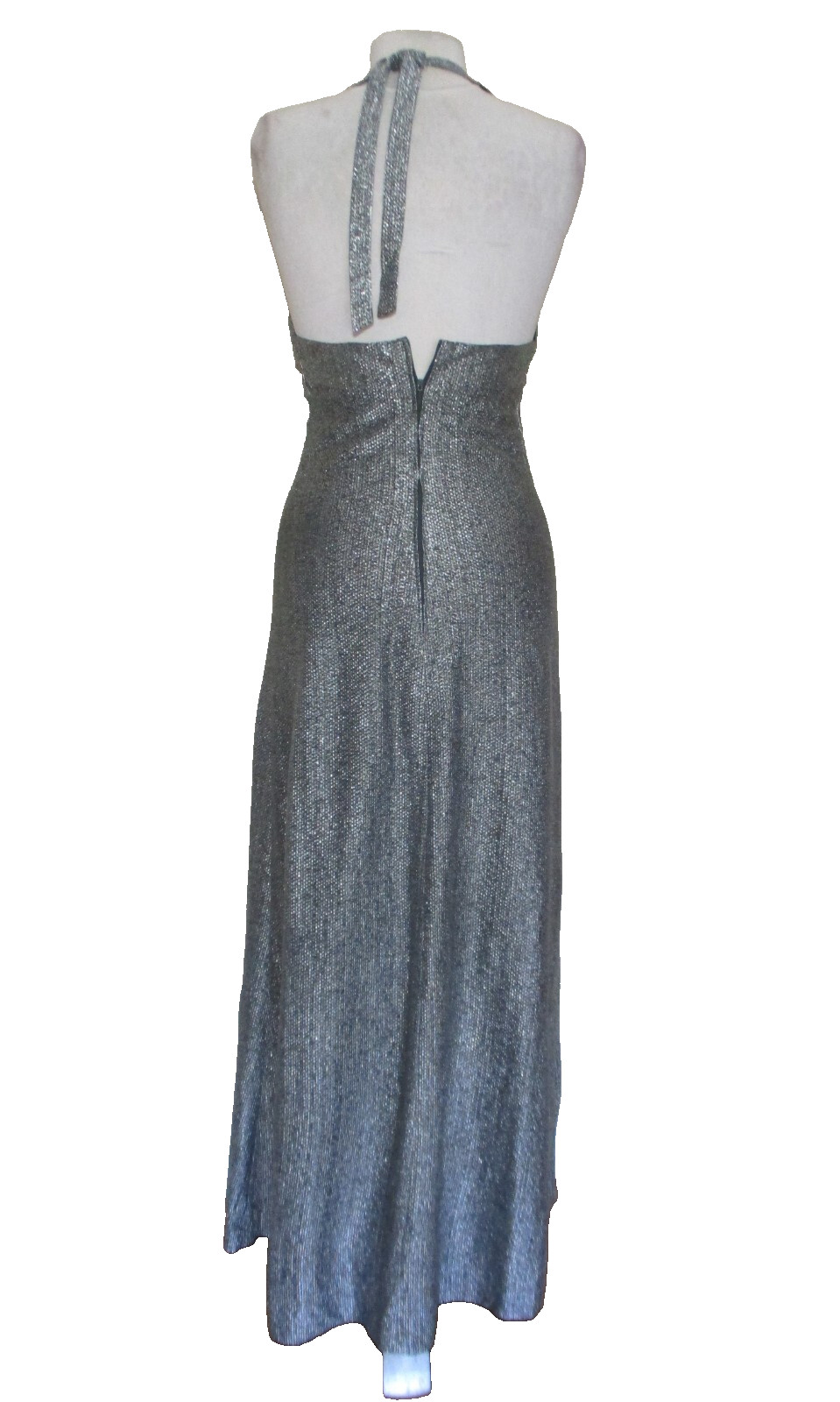 Vtg 60s 70s Young T Halter Maxi Dress XS/S Women Silver Lame&rsquo;