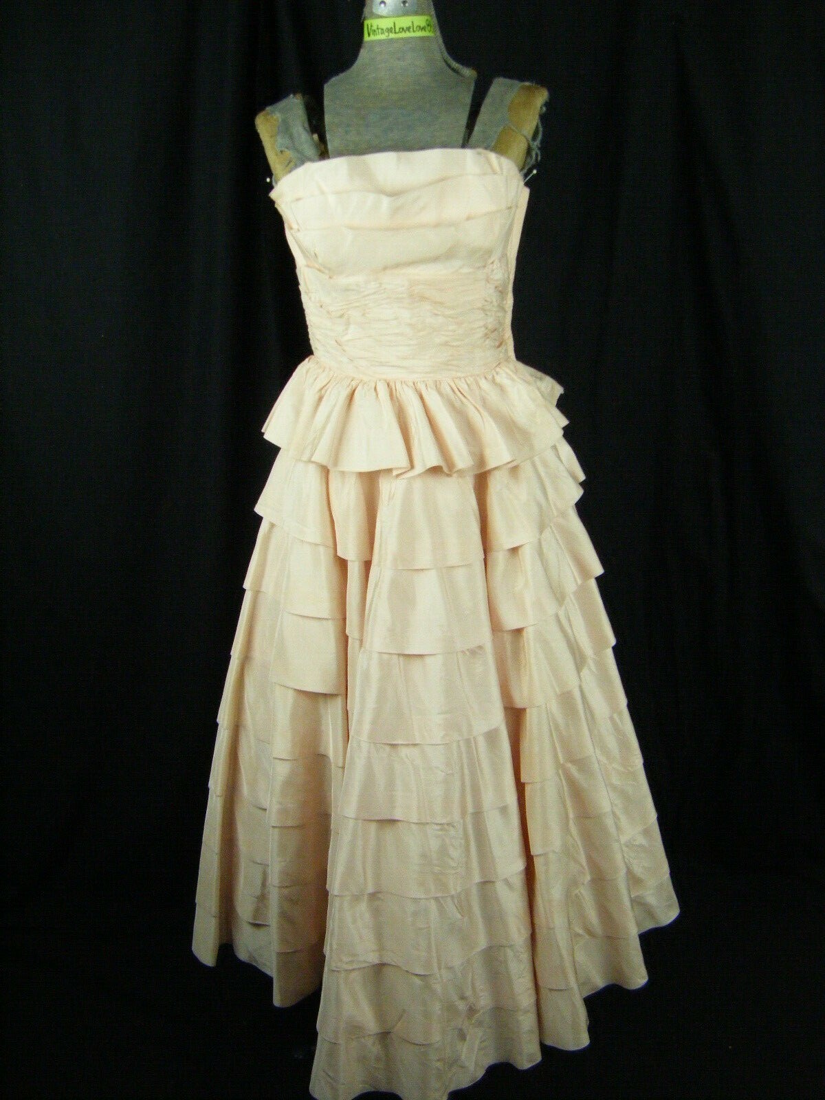 COTILLION FORMALS Vtg 50s Pale Pink Strapless Tiers Party Dress-Bust 32/2XS