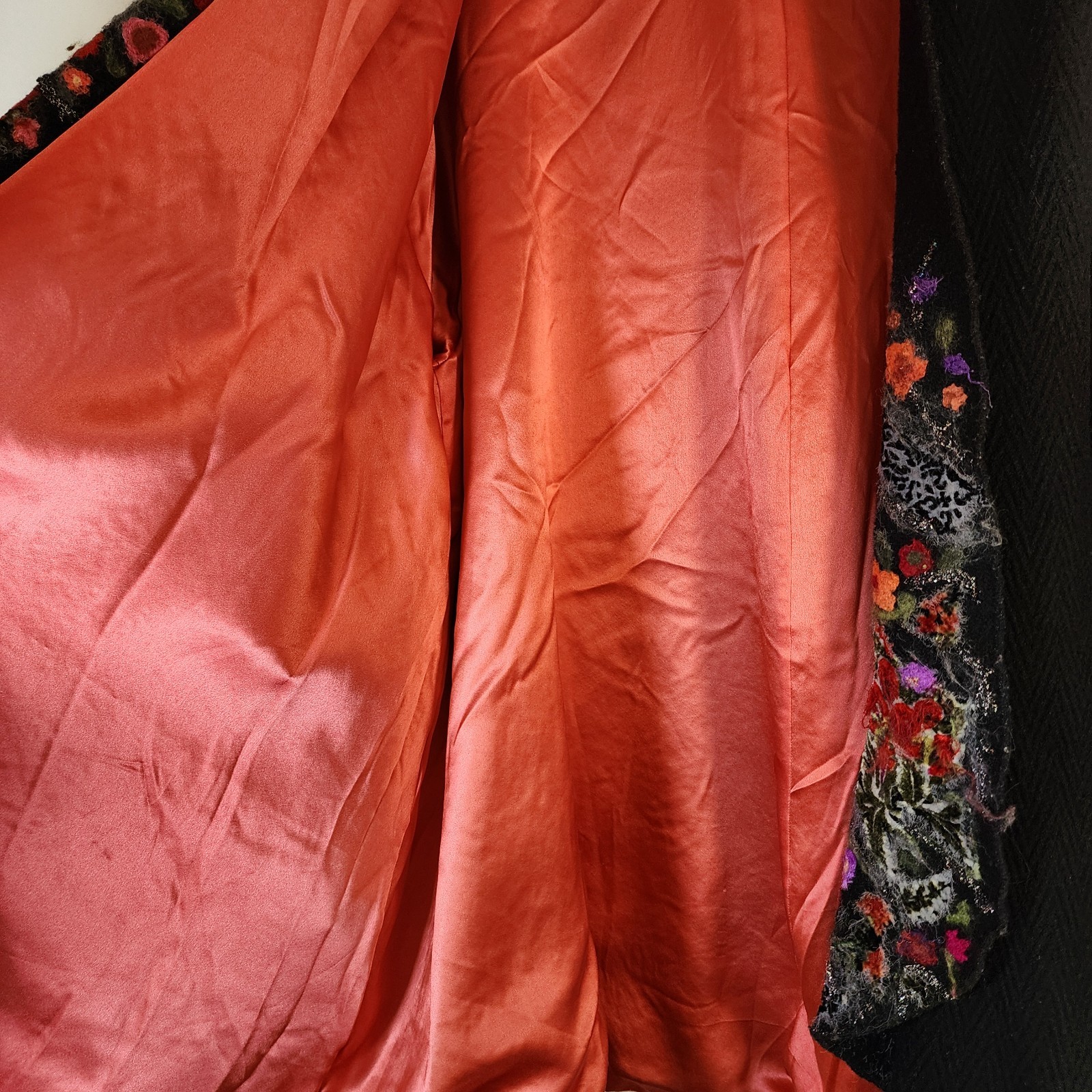 Vintage Hand Made Wool Jacket Satin Lined Velvet Felted Floral Art Lapel XL