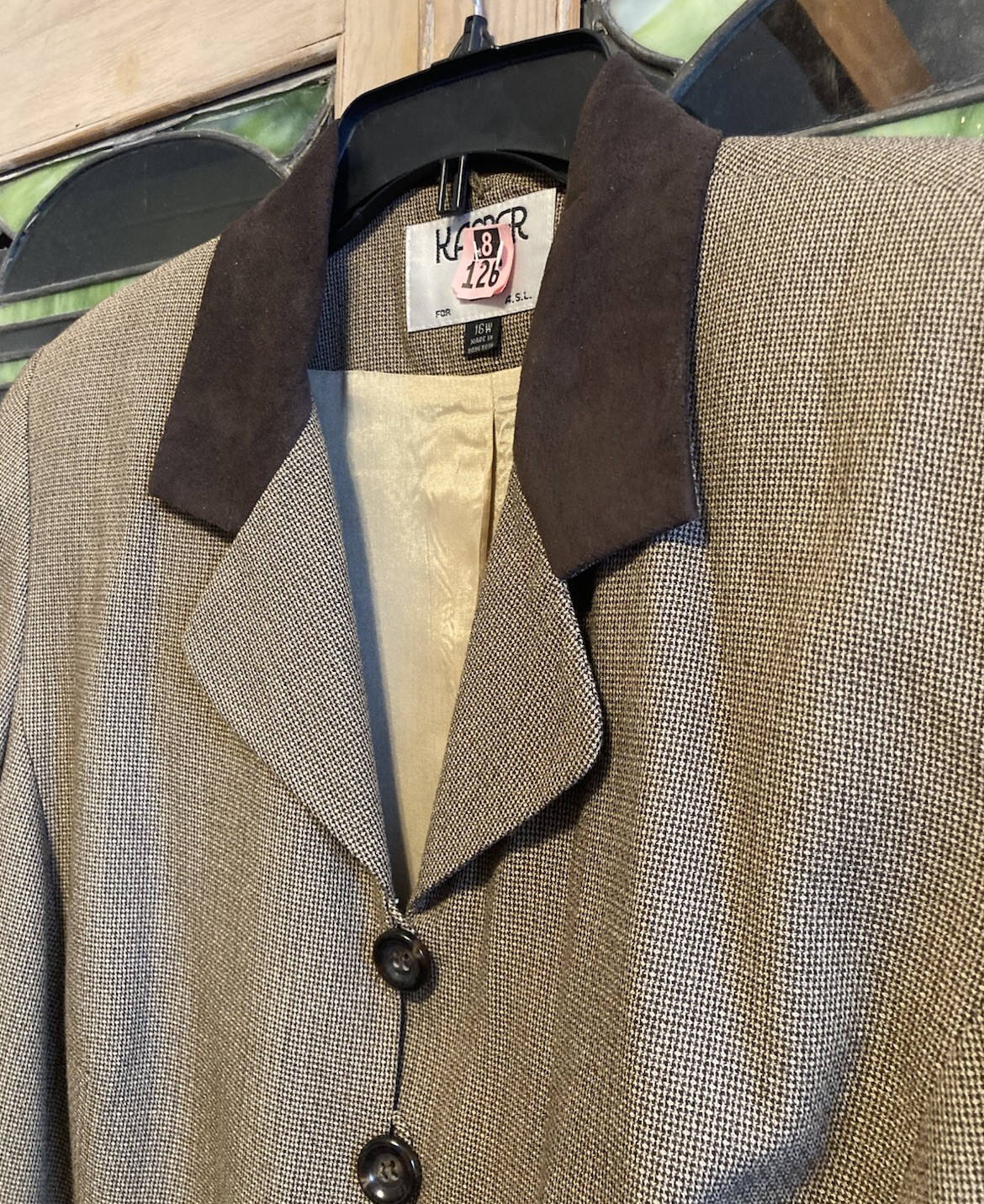 Vtg KASPER II Suit Jacket Blazer 16W Brown Rayon Faux Suede Trim Equestrian EUC