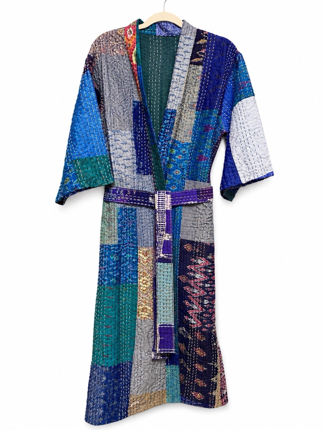 Vintage Silk Kantha Patchwork Robe Handmade Quilted Kimono Belted One Size