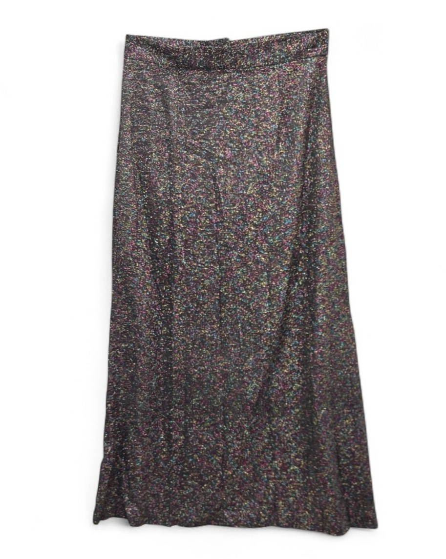 Vintage Metallic Lamé Maxi Skirt Lined Black Multicolor Sparkle Party Evening 42