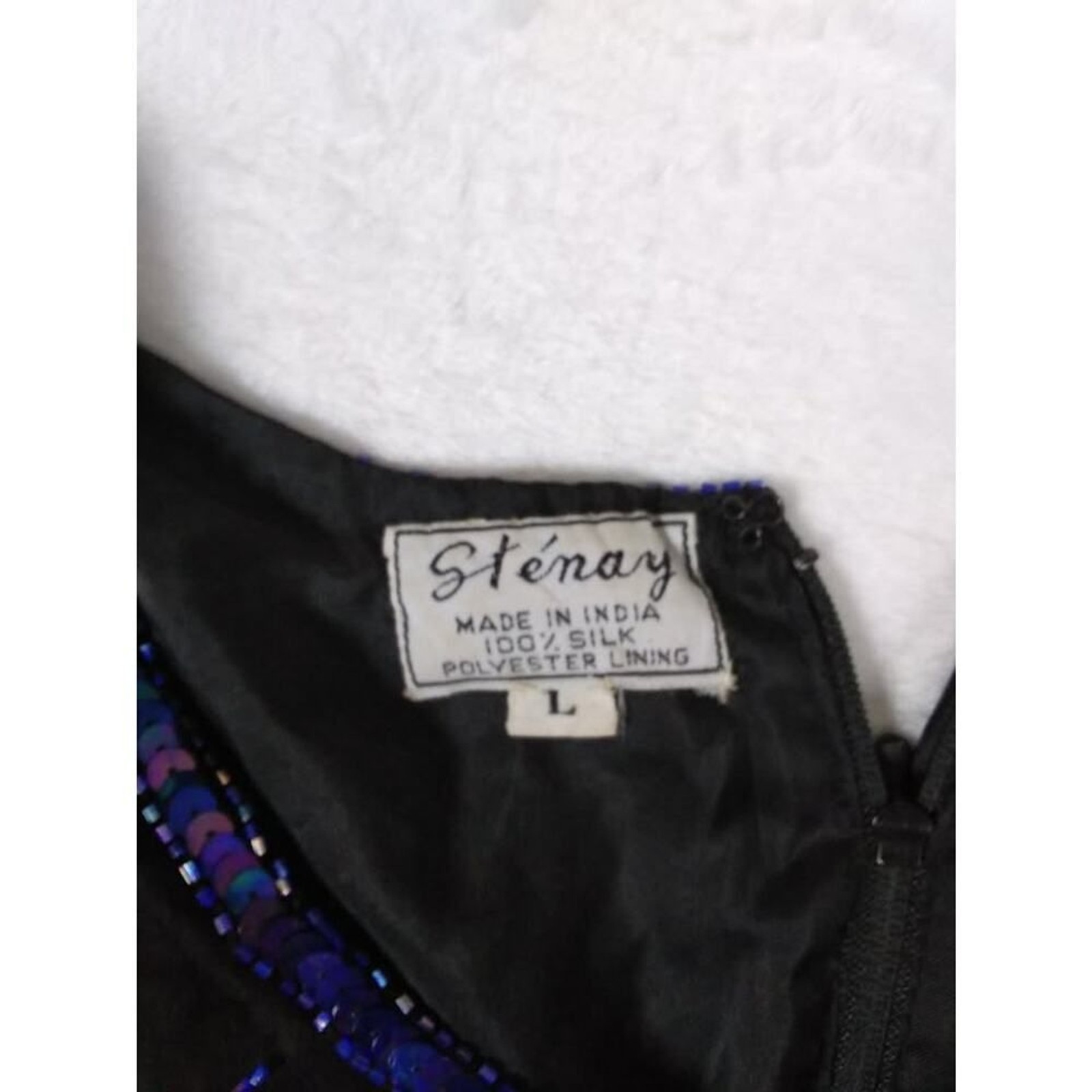 Stenay Vintage Silk Sequin Beaded Evening Top Royal Blue Black Scalloped Hem L