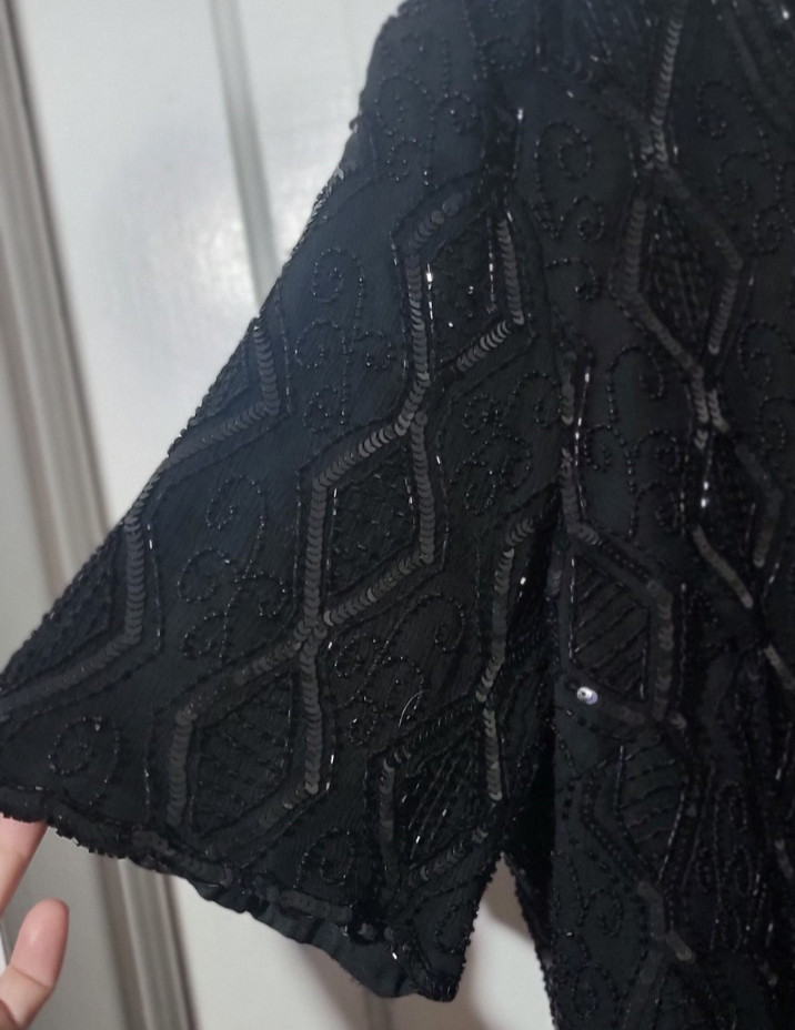 Elegant 80s VTG Hand Beaded Sequined Silk Stenay Woman 3X Cocktail Top Blouse