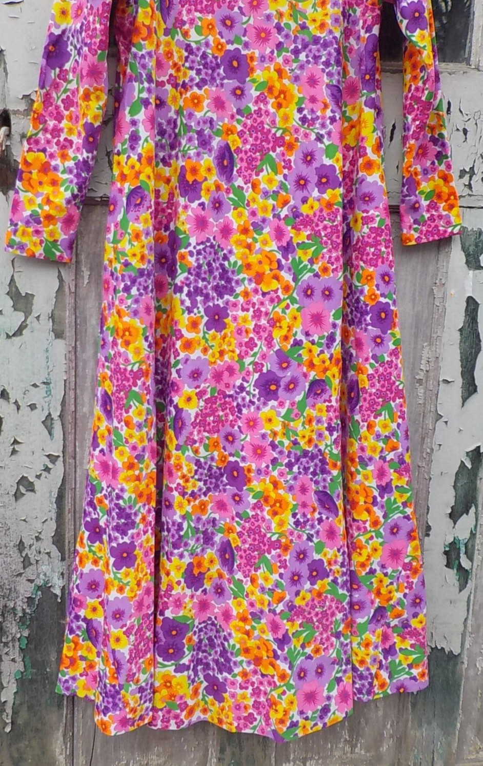 Vintage David Brown California Caftan House Lounge Maxi Dress COLORFUL FLOWERS p