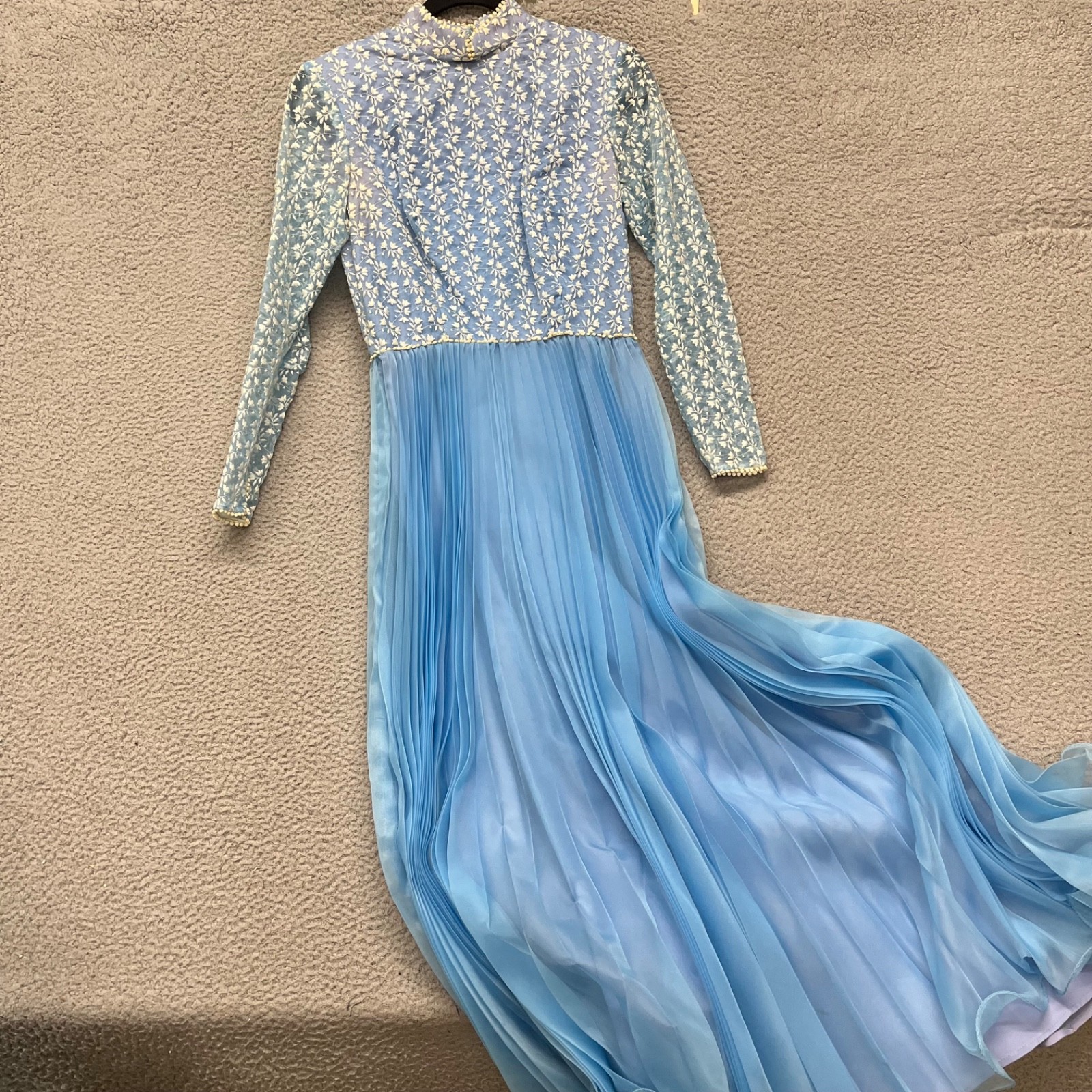 True Vintage Dress Blue Floral Embroidered Sheer High Neck Accordion Skirt 60&rsquo;s