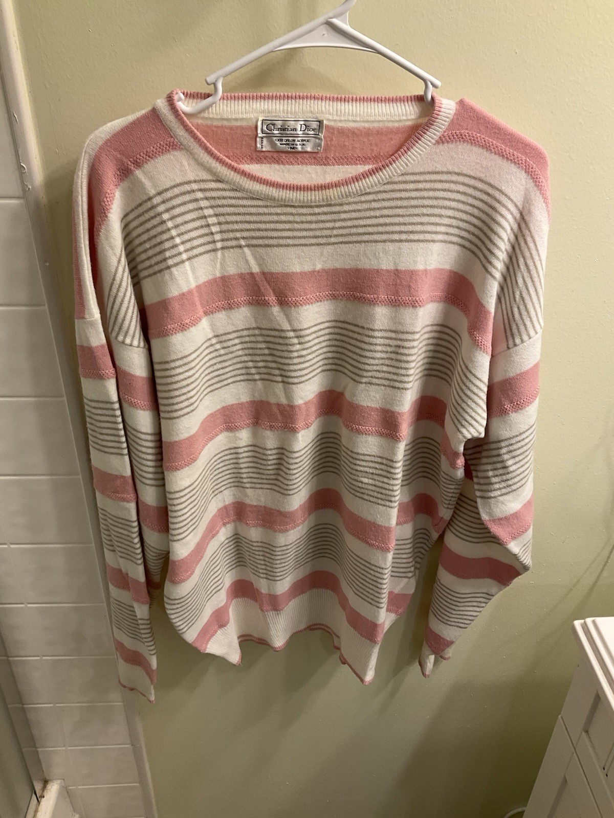 Vintage Christian Dior Women Orlon Crew neck sweater pink stripe Medium 80s USA