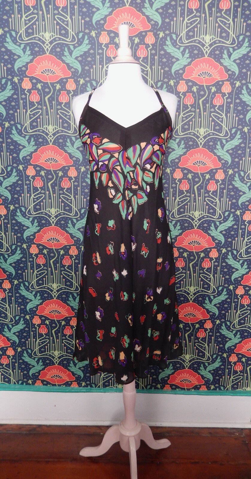 Vintage 70&rsquo;s 80&rsquo;s Semi Sheer Black Colorful Disco Criss Cross Strap Dress XS/S