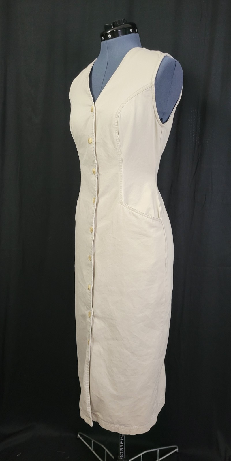 Vintage Gloria Vanderbilt Khaki Button Down Sheath Dress w Pockets Size S