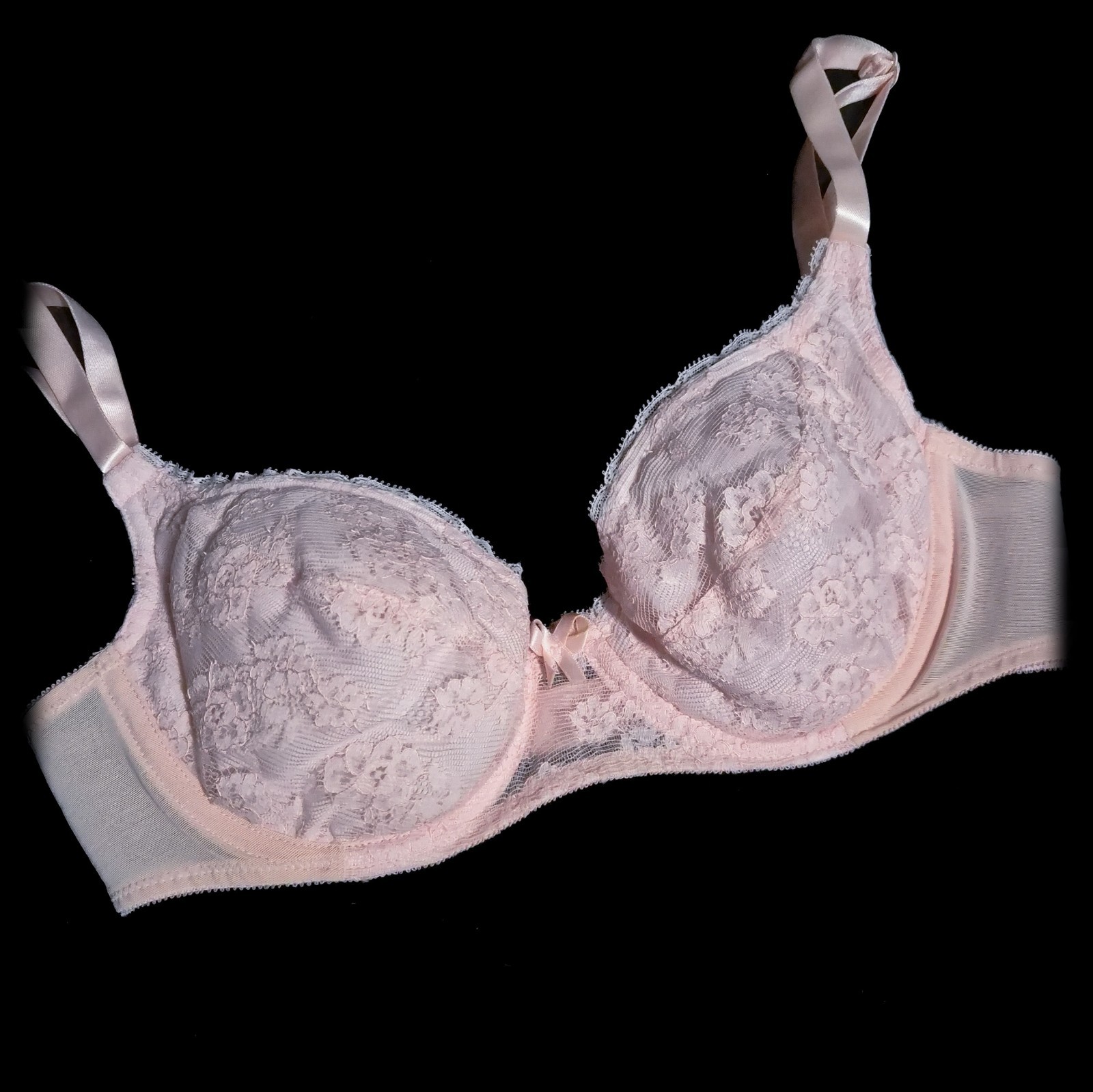 Vintage 60s VANITY FAIR Pink NYLON Lace BRA Underwire Cups SATIN Straps USA 34B