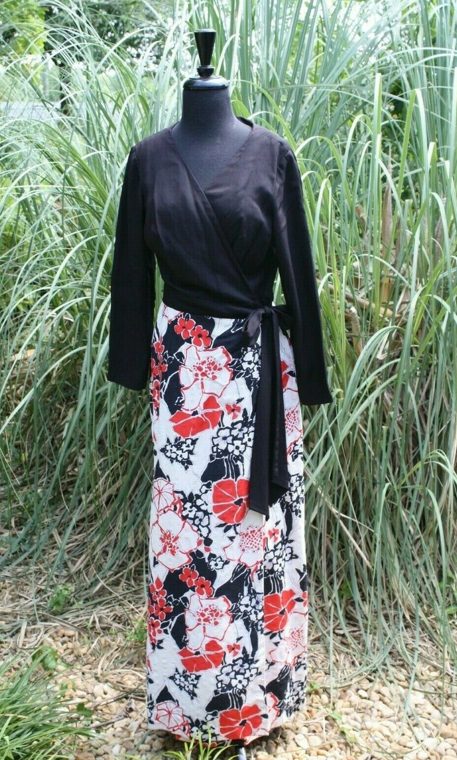 Lee Stevens of Miami Misses 18 Long Dress Red Flower Black Wrap Tie Waist Vtg