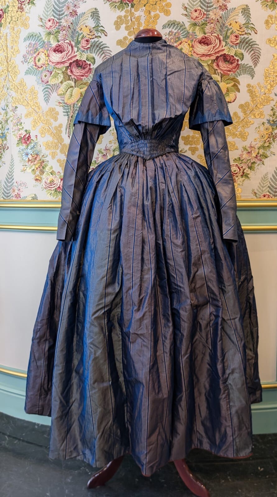 HAND SEWN 1840’S PINSTRIPED SILK TAFFETA TWO PIECE DRESS FROM OHIO ESTATE