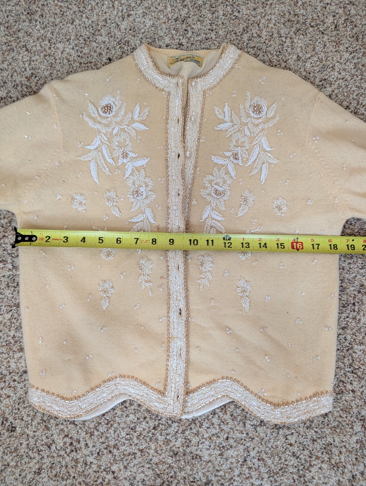 Vintage 1950s Hand Beaded Cardigan Cream With White Floral Beading Size Small