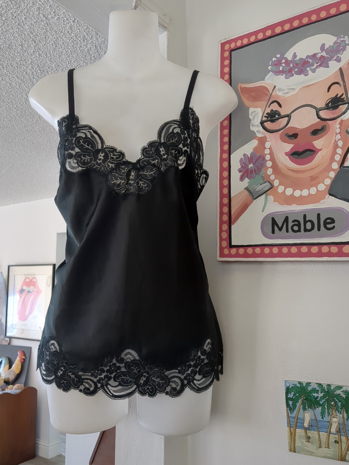 Vintage Eve Stillman NY Saks Black Floral Lace Camisole Cami Top SZ 32 GORGEOUS!