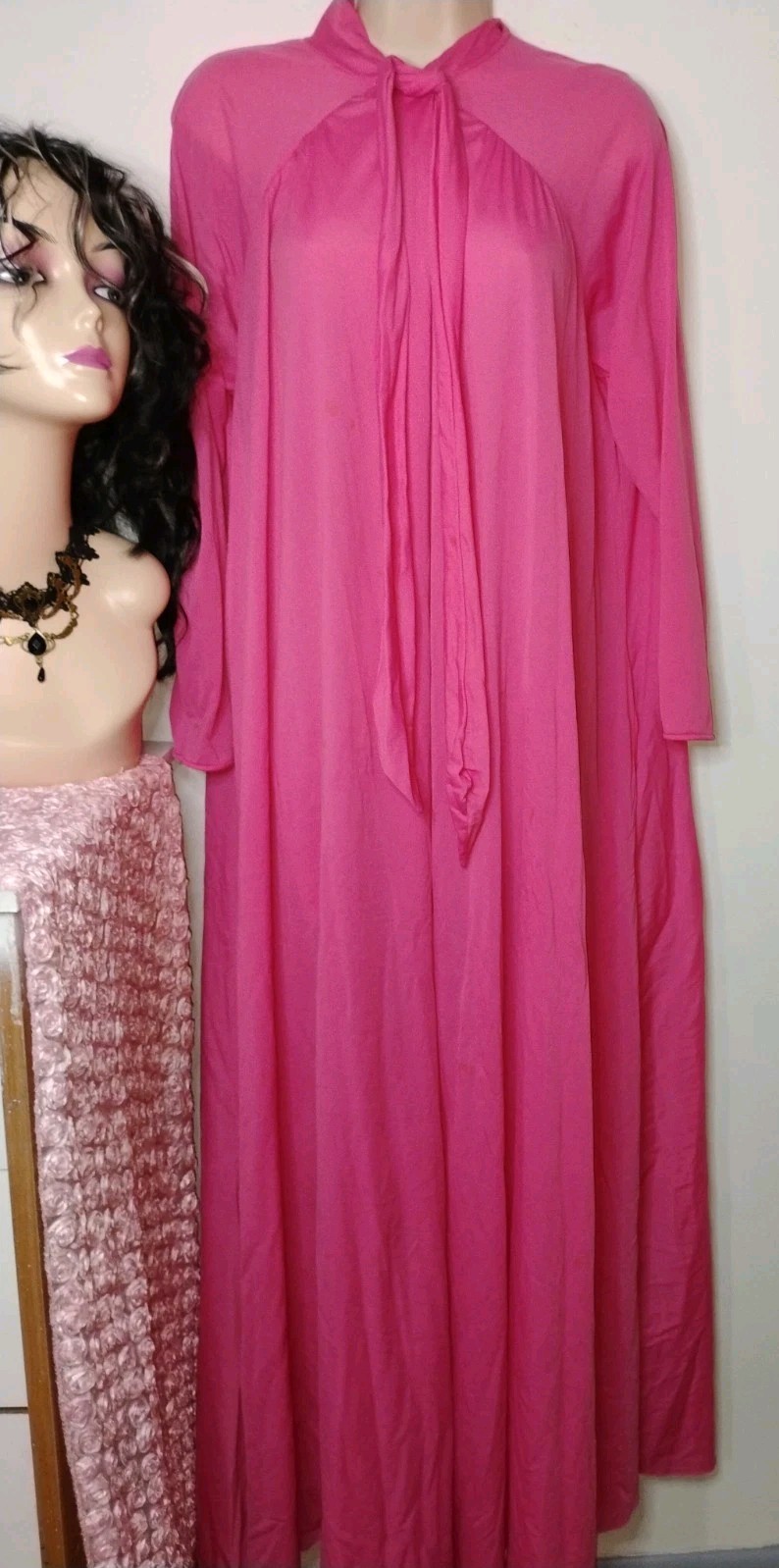 Vtg Lingerie Bright Pink Nylon Robe Maxi Gown Light Flaws See Measurements