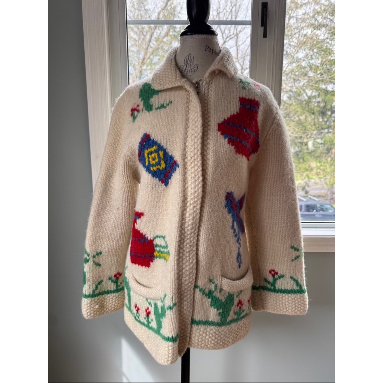 Hand knitted 1950&rsquo;s vintage wool cowichan Mexican cactus burrow metal zip cardi