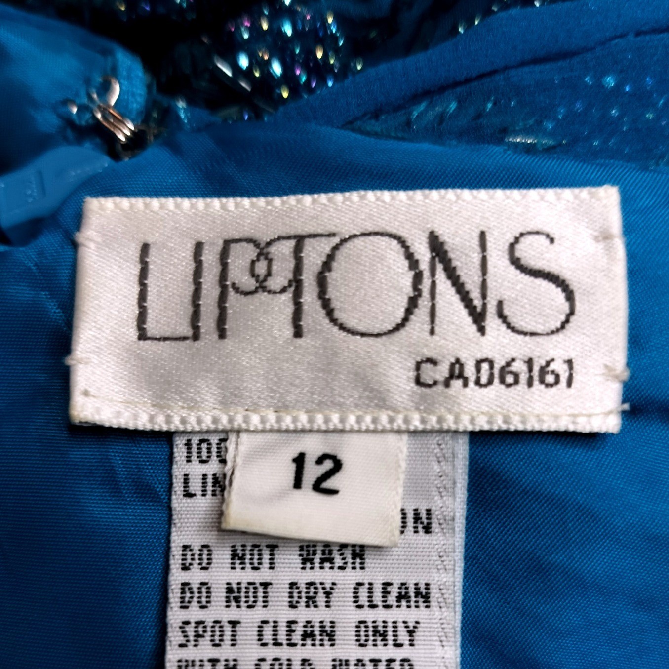 Vintage Liptons Silk Beaded Sequin Mini Dress Teal Blue Illusion Neck Cocktail