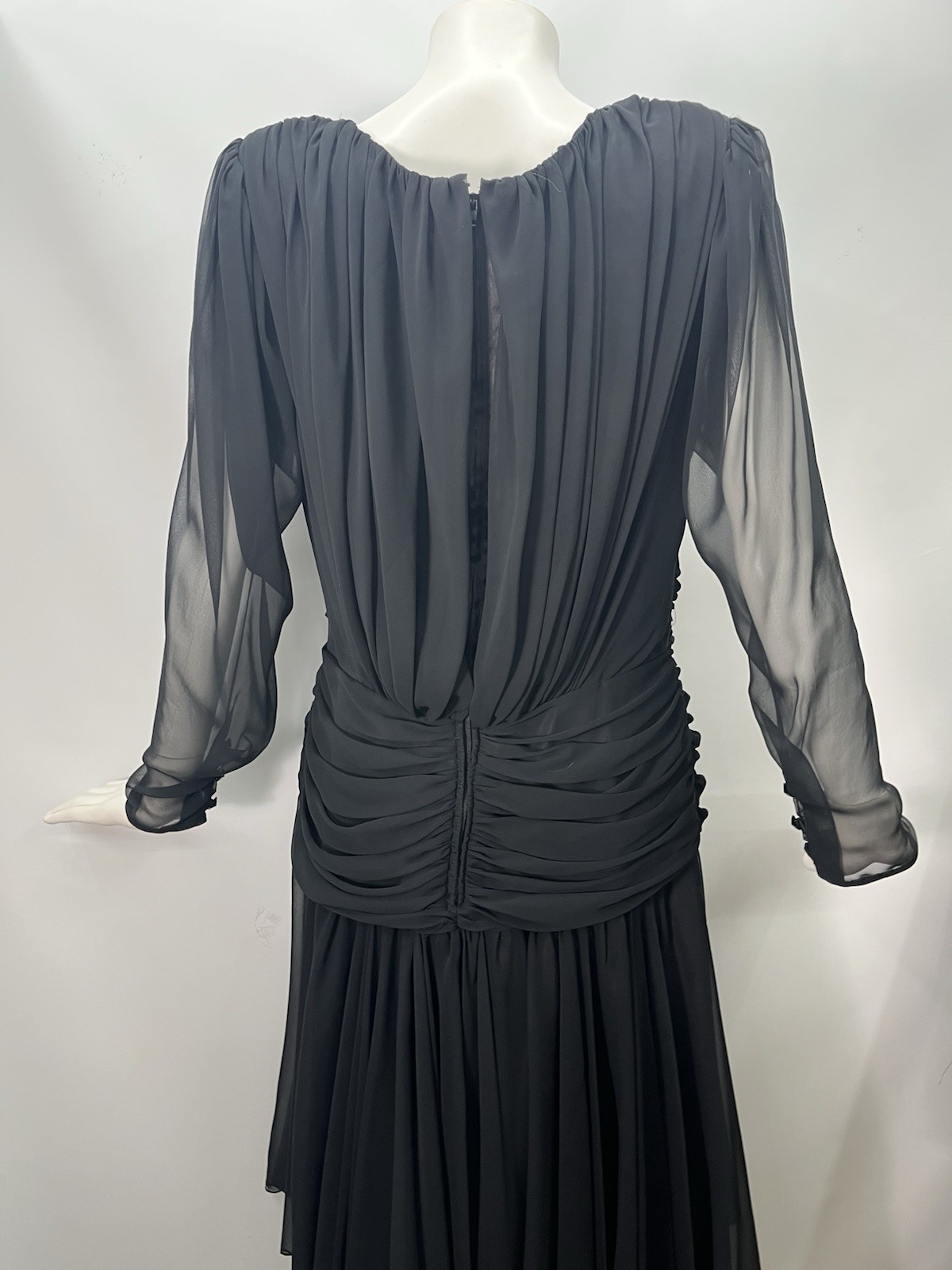 Vtg 80s Tadashi Black Dress Party Cocktail Ruched Chiffon Handkerchief Hem Sz 16
