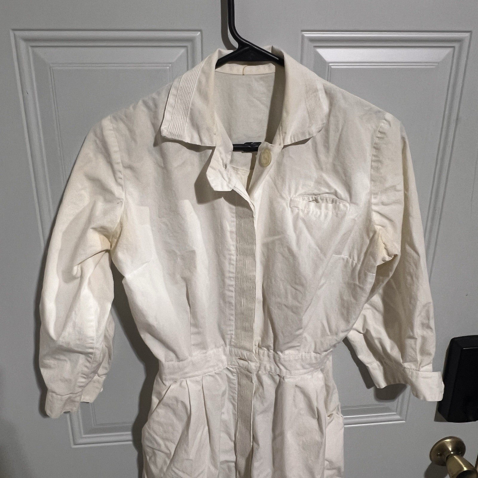 Nurse Uniform White Button Snap Front Dress Thin Vtg 1960s Medium Small *SPOTS*