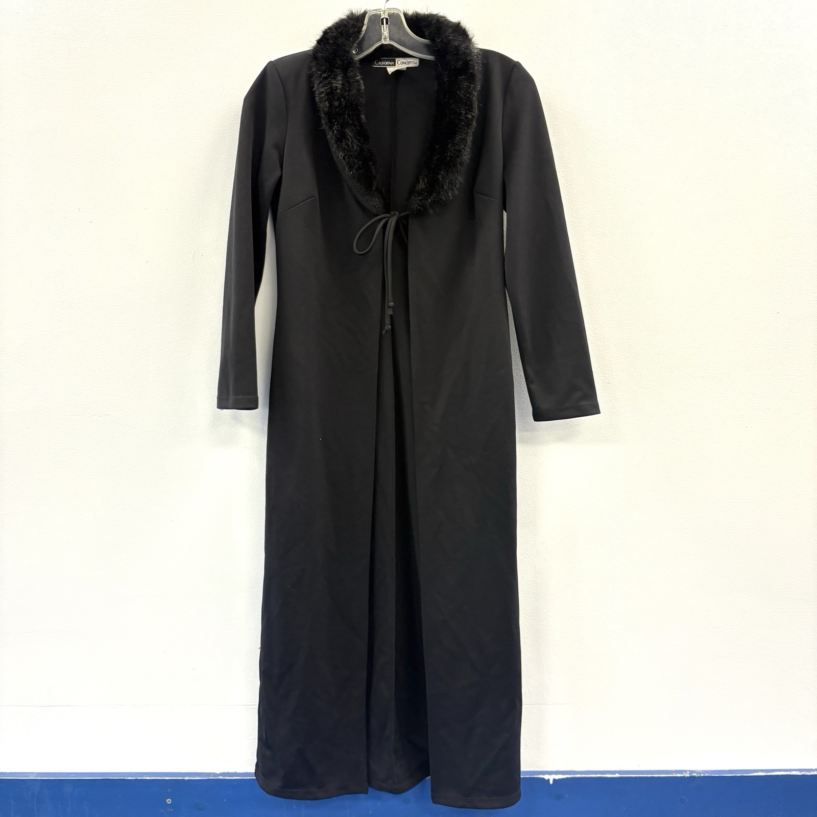Vintage CALIFORNIA CONCEPTS Fur Collar Jacket Womens M Black Long Tie Front