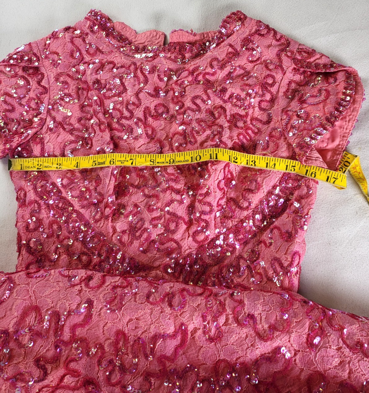 1960&rsquo;s Vibrant Pink Shimmering Sequin & Lace Hostess Gown Dress Size 10