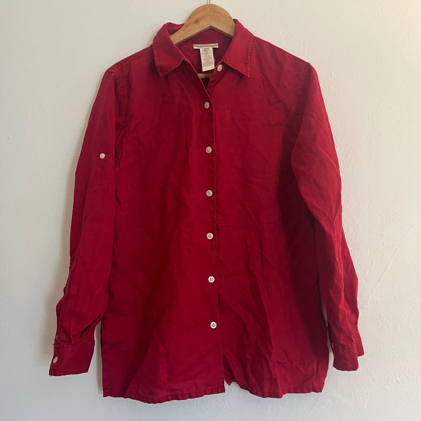 Vintage Jones New York Women&rsquo;s 100% Linen Red Button Up Shirt M Natural Fiber