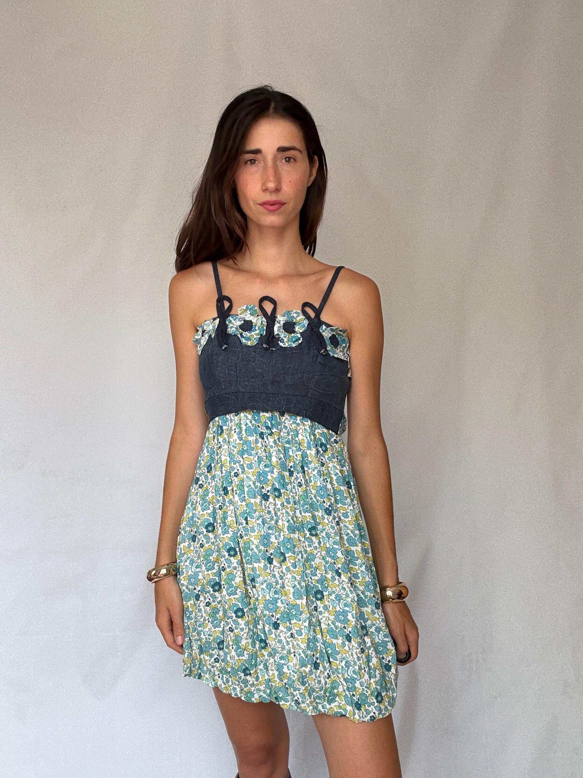Rinascimento Italy floral cotton mini dress – denim bodice & blue green print sk
