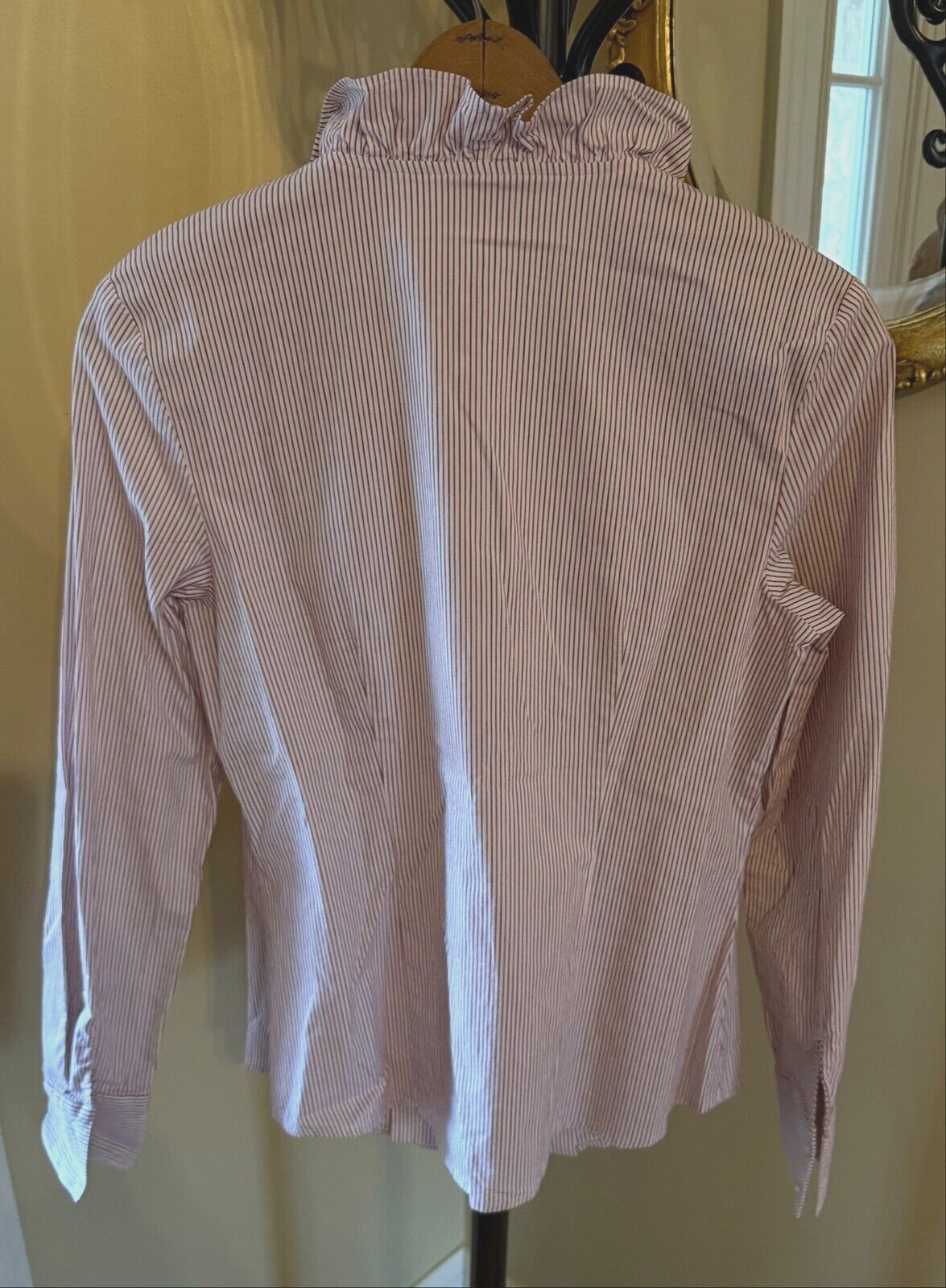 LOFT ANN TAYLOR Vtg Y2K Ruffle Front Burgundy Pinstripe Tailored Blouse Sz 6