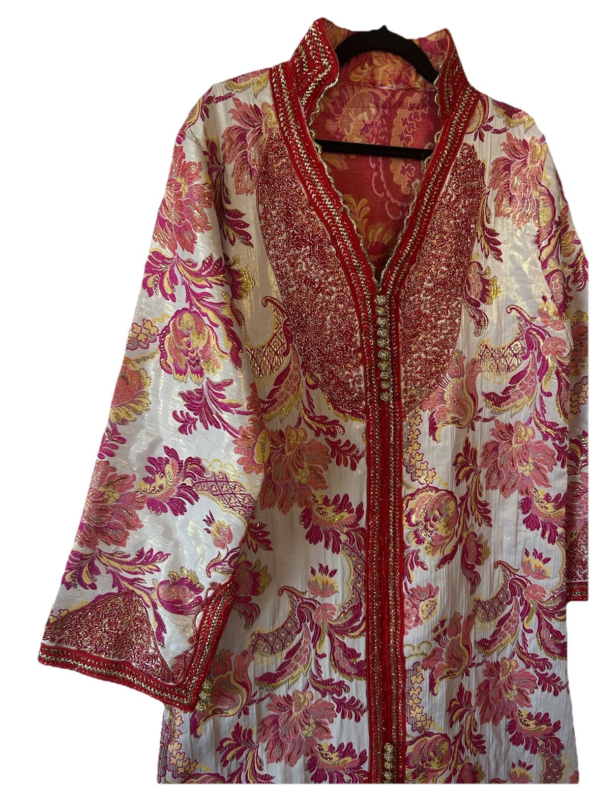 Vintage 1970’s Moroccan Brocade Kaftan Maxi Dress Pink Gold Embroidered L/XL