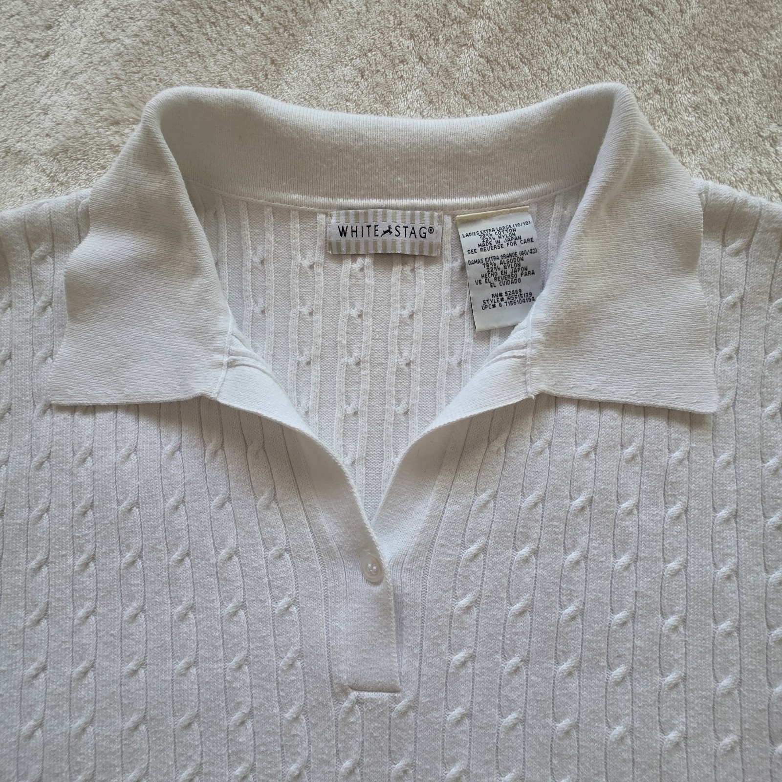 VTG White Stag Cable Knit Polo Sweater XL White 90s Streetwear Unisex Mens M L
