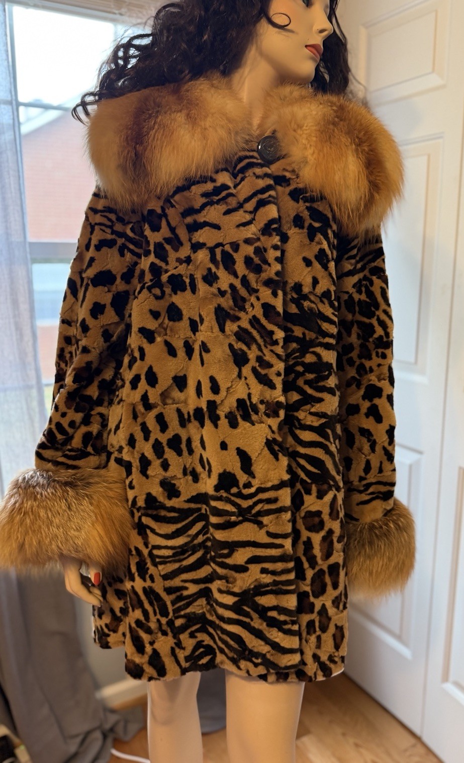 Birger Christensen Leopard Print Sheared Mink Fur Coat w/ Fox Collar & Cuffs M