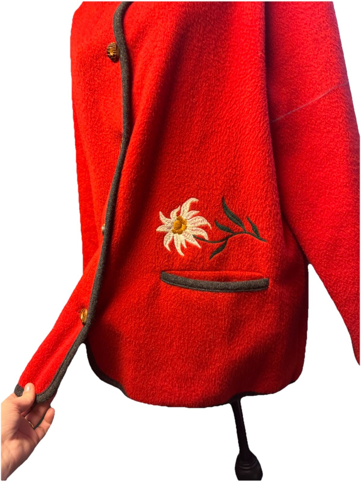 Oberwalder Red Wool Jacket XL Embroidered Edelweiss Austrian Trachten