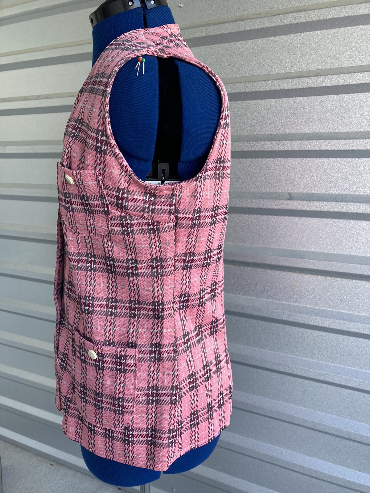 Vintage Pink Plaid Vest Button Down With Pockets 40 Inch Chest Handmade