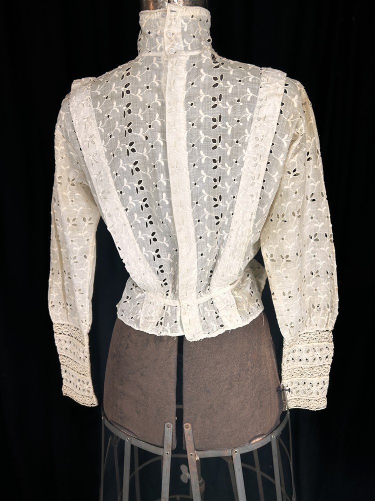 antique blouse white eyelet Victorian Edwardian bust 34 high neck original 1880