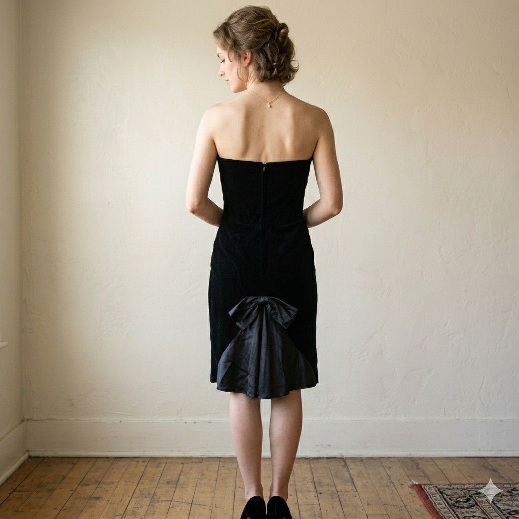 Vintage 1950s Womens Dress Small Black Velvet Sweetheart Bow Glamour
