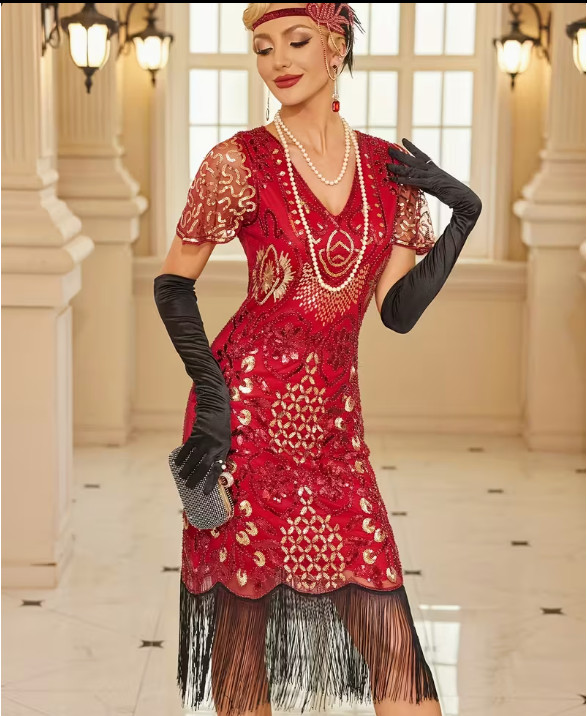 FLAPPER 1920s DRESS-1920s RED Sequin Gatsby Party Dress with Tassels 3 Sizes
