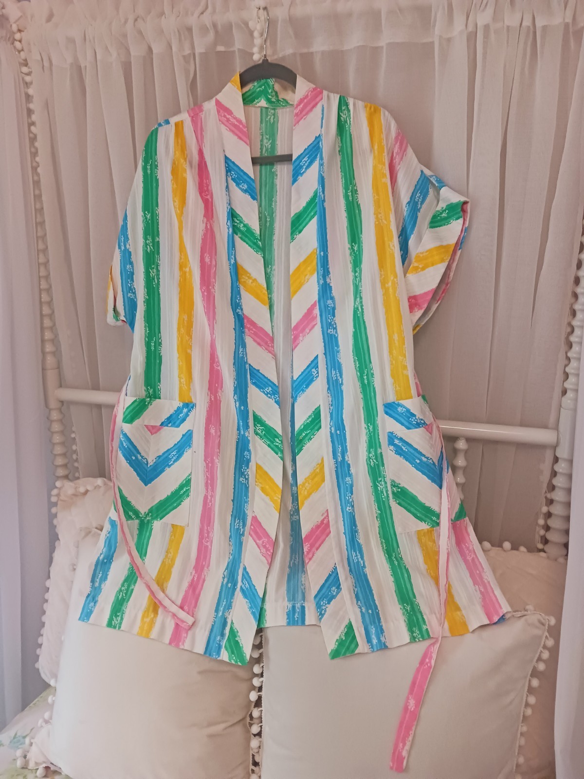 VTG 90s pastel stripes Lounge Robe M L Rainbow Bathrobe lightweight pink yellow